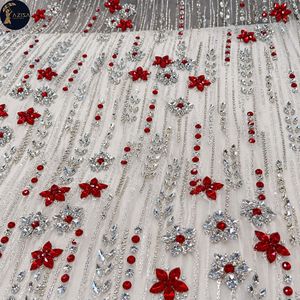 Tela Ornamental para Vestidos con Diseño Floral Rojo Rubí, Adornada con Cuentas de Cristal y Lentejuelas |   Tela Decorativa para Vestidos de Novia y Trajes de Noche - Product Image 1