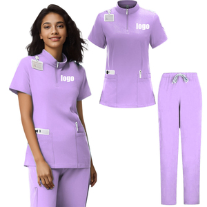 Women's Purple <b>Scrub</b> <b>Set</b> With Zip Neck Top And Drawstring Pants Hospital Uniforms Customizable Logo - Product Image 1