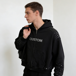 Street Casual Factory Wholesale Black <b>Studded</b> Zip up Cropped Oversized Customizable <b>Men</b> Hoodies - Product Image 3