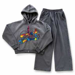 Conjunto de Chándal de Forro Polar para Hombre, de Alta Calidad, Más Vendido, Personalizado, Estilo Vintage, Lavado Ácido, con Sudadera con Capucha Desgastada y Pedrería, Venta al por Mayor de Fábrica - Product Image 1