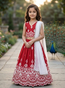 Shoryam Fashion Girls Red Embroidered Floor-Length Lehenga Choli Kids Indian Ethnic Wear All Seasons Regular Fit Wedding Party - Product Image 5