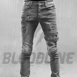 Jeans de Mezclilla Negros para Hombre, Corte Slim, Desgastados, Estilo Punk, Pierna Recta, Algodón de Peso Medio, Otoño, Marca Bloodline - Product Image 2