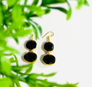Pendientes de Piedras Preciosas Negras Naturales, Pendientes de Botón con Bisel Chapado en Oro, Joyería Elegante de Moda India para Mujer, para Novia, Boda - Product Image 5