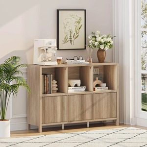 Minimalist Wooden <b>Storage</b> Shelf Three-Layer Standing Type With Cabinet Doors <b>For</b> Living Room Multifunctional - Product Image 1