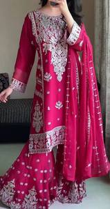 Pink Embroidered Salwar Kameez Set Faux Georgette Women's Indian Pakistani Diwali Wedding Party Wear Quick Dry - Product Image 2