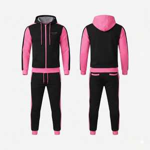 Men's Black <b>Pink</b> Color Block Hooded <b>Tracksuit</b> Set Full Zip Jacket Jogger Pants Casual Sportswear Autumn Wear - Product Image 1