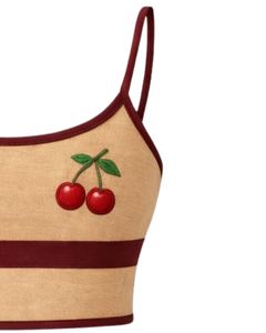 Beige Red Women Camisole And Shorts <b>Set</b> Summer Two Piece Outfit Cotton Blend Crop Top Cherry Print Drawstring Shorts Casual - Product Image 3