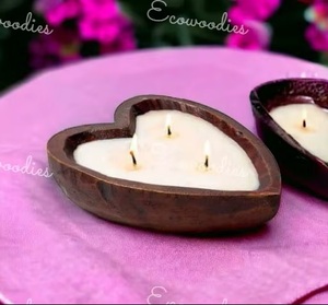 Handcrafted Heart Shaped Wooden Heart Shaped Wooden <b>Candle</b> Bowl With Three <b>Wick</b> <b>Candle</b> For Home Decor Home Decoration Christmas - Product Image 5