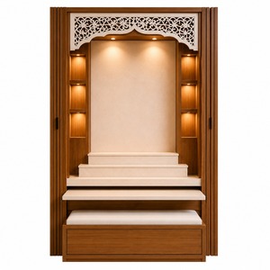 Mandir en bois finition noyer de qualité supérieure pour la maison, Mandir Pooja moderne avec rangement, éclairage LED et panneaux décoratifs CNC - Product Image 1