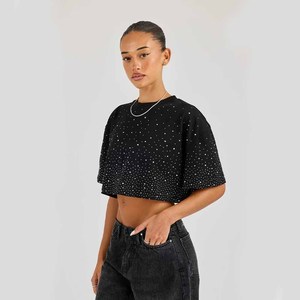 <b>Women's</b> <b>Black</b> Dot Print <b>Crop</b> <b>Top</b> Crew Neck Short Sleeve Loose Fit Casual Jersey T-Shirt With Rhinestone Decoration Spring Summer - Product Image 1