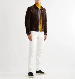 Brown <b>Suede</b> Motorcycle <b>Jacket</b> With Zipper Closure Turn-down Collar Full Sleeve Regular Fit Autumn Men's Outerwear - Product Image 3