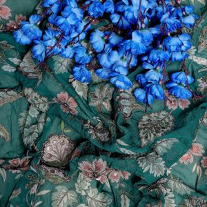 Deep <b>Emerald</b> Green Georgette Fabric High-Definition Threadwork Floral Vine Pattern Luxury Medium Weight Printed Silk for Wedding - Product Image 6