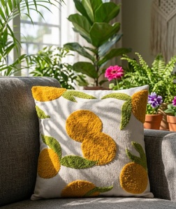 Hand-Tufted Citrus Fruit Pattern Decorative <b>Cushion</b> <b>Cover</b> with Green Leaves - Product Image 2