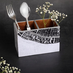 Black White Printed Wooden Cutlery Caddy Double Compartment Utensil Holder <b>Tabletop</b> Flatware <b>Storage</b> Organizer Kitchen Box - Product Image 1