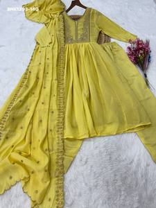 High Quality Mal Chanderi with <b>Beads</b> Embroidered Round-Flared Readymade Kurti-Pant Dupatta Collection Supplier from India - Product Image 5