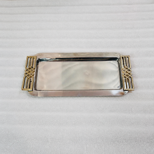Juego de bandejas rectangulares de metal plateado con asas geométricas doradas, utensilios de cocina, artesanía, centro de mesa decorativo moderno, regalo - Product Image 3