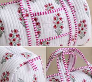 Sac fourre-tout en coton matelassé à fleurs avec fermeture éclair, design pliable pour un usage quotidien et en voyage - Product Image 3