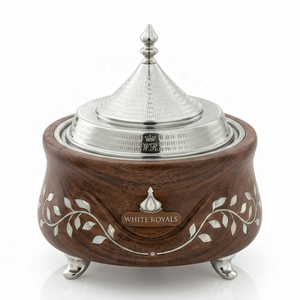 Juego de buffet de madera curvada con incrustaciones de nácar Heritage, con tapa de acero inoxidable estilo tajín, vajilla Khaleeji, olla para guisar. - Product Image 1