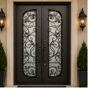 Elegante Puerta Doble de Hierro Forjado con Decoración Floral, Vidrio Esmerilado, Diseño de Entrada Principal de Lujo - Product Image 1