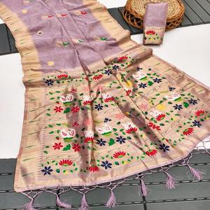 Sari de Algodón Muga Suave Premium con Tejido Menna, Borde Zari Rajhans Pallu, Blusa de Contraste Muniya, Elegante para Fiestas, Todas las Estaciones - Product Image 1