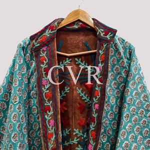Manteau en velours brodé à la main avec motif floral, col mandarin, manches longues, grande taille, vêtements d'extérieur décontractés pour femmes, hiver - Product Image 3