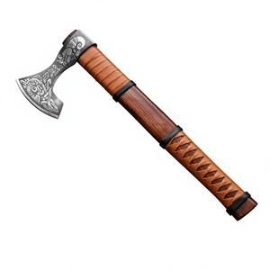 Hache Viking nordique à barbe forgée à la main, gravée, en acier forgé, type tomahawk, manche en bois, poignée en cuir, 4 lames coupantes, survie - Product Image 1
