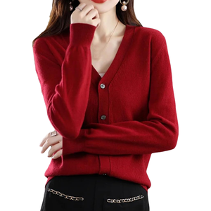 Cardigan en Laine pour Femme 100% Laine Tricoté Automne Chaud Rouge Géométrique Logo Avant Décontracté OEM ODM Personnalisé Vente en Gros Échantillon Gratuit - Product Image 6