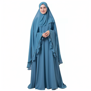 Nuovi arrivi abbigliamento islamico tradizionale donna tinta unita <span class=keywords><strong>Abaya</strong></span> Khimar Hijab Combo manica intera vestito alla caviglia abito musulmano - Product Image 2