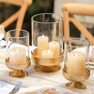 <b>Candle</b> Holders for Pillar <b>Candles</b> Gold <b>Large</b> Holders with Hurricane Glass Sleeve for Outdoor Brass Stands Set of 3 for Fireplace - Product Image 2