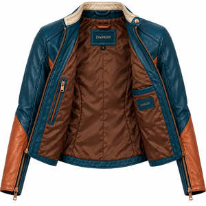 Darkry Custom <b>Womens</b> Teal Blue Cognac <b>Brown</b> Genuine <b>Leather</b> Racing <b>Jacket</b> Real Cowhide Motorcycle Biker Rider Sportswear Apparel - Product Image 5