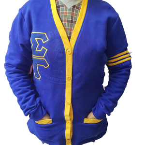 custom Royal Blue Gold Sigma Sorority <b>Cardigan</b> Women's sweaters 100% cotton fleece V-Neck <b>Long</b> Sleeve Embroidered Greek Letters - Product Image 6