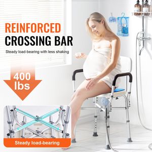 Sedia da Doccia Leggera con Capacità di 180 Kg, Barra Trasversale e Braccioli Imbottiti, Sgabello da Doccia per Uso in Bagno - Product Image 2
