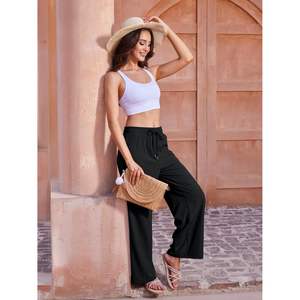 2025 femmes décontracté large jambe pantalon taille haute pantalon avec cordon léger respirant coton froissé Technique - Product Image 2