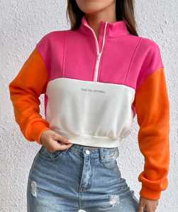 <b>Women's</b> Color Block <b>Quarter</b> <b>Zip</b> <b>Sweatshirt</b> Pink Orange White Stand Collar Cropped Pullover - Product Image 3