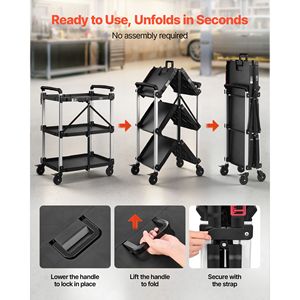 Carrito de Servicio Plegable de 3 Niveles, Resistente, Capacidad de 300 Libras, Ruedas Giratorias de 360 Grados con 2 Frenos, para Dormitorio - Product Image 6