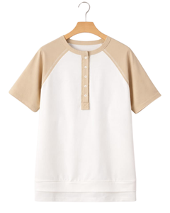 Women Beige White Raglan Sleeve Henley T Shirt Cotton Blend Short Sleeve Casual Summer <b>Top</b> Comfortable Lightweight Tee Wear - Product Image 1