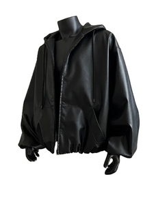 Chaqueta de invierno informal coreana para hombre, abrigo corto de cuero sintético negro con capucha y cremallera, ropa suelta, suave y cálida. - Product Image 3