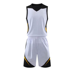Conjunto de Uniforme de Baloncesto Personalizado Blanco, Negro y Amarillo Sublimado con Cuello en V Sin Mangas que Absorbe la Humedad para Adultos Unisex - Product Image 1
