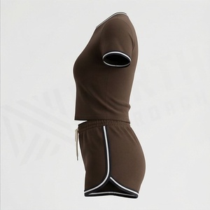 Ensemble de shorts en tricot marron pour femmes, 2 pièces, t-shirt à manches courtes col rond et shorts au-dessus du genou, vêtements de sport décontractés, printemps été - Product Image 3