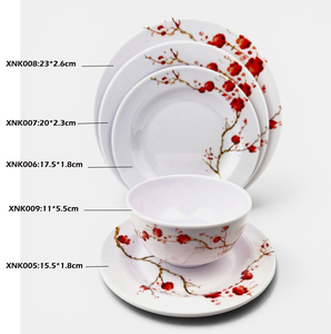 Traditional Asian <b>Melamine</b> Dinnerware Set Flat Plates Pigmented Red Plant Pattern Asian Zen Style Dishwasher Microwave Safe - Product Image 6