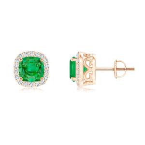 <b>Emerald</b> Diamond Halo <b>Stud</b> Earrings in 14K Rose Gold, Cushion Cut Green Gemstone Fine Jewelry Gift for Fiance - Product Image 1