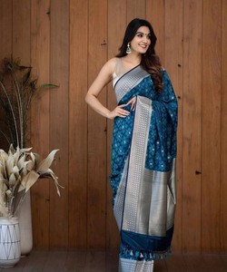 Traditional Blue Silk Saree With Silver Border And Tassels For Wedding Wear Indian Pakistani Ethnic Dress Women <b>Floor</b> Length - Product Image 1