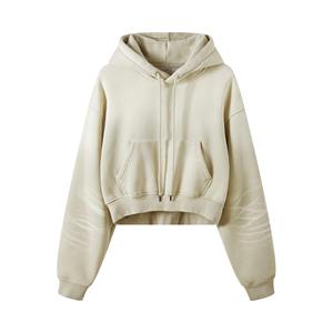 Sudadera con capucha extragrande informal personalizada para mujer, gris liso, de algodón con lavado ácido, corte crop, con cremallera completa, manga larga y cordón, para otoño e invierno - Product Image 1