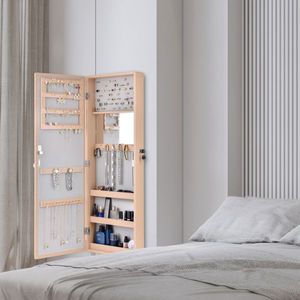 Mensola a tre livelli in legno e pelle da parete con specchio interno non a tutta pendenza, mobiletto porta gioielli con specchio integrato color pesca - Product Image 2
