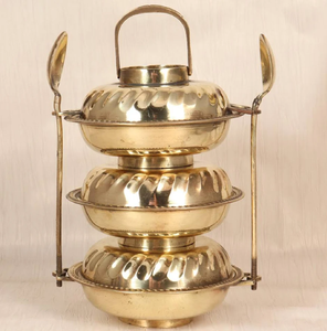 Bright brass 3-tier compact tiffin, leaf-shaped spoons on sides and cozy red handle cover. Available at wholesale price. - Product Image 4