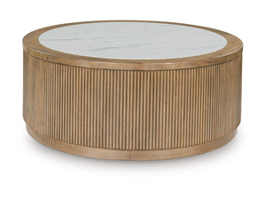 Table basse de luxe pour salon de villa, en bois d'acacia massif, forme ronde, motif linéaire, base sur piétement, plateau en marbre blanc - Product Image 2