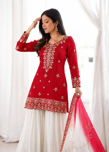Ensemble ethnique prêt-à-porter en soie naturelle pure avec broderie de sequins, haut, pantalon palazzo et dupatta en organza de soie Kundan, entièrement cousu WSP 1402 - Product Image 6