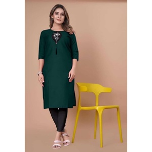 DESIGNER COTTON <b>BLEND</b> EMBROIDERY SEQUENCE WORK READY to WEAR KURTI GREEN - Product Image 1