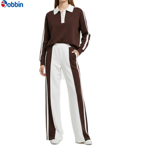 Conjunto Deportivo Bobbin para Mujer, Rayas Blancas y Marrones, Manga Larga, Corte Holgado, Informal, Superventas, Diseño Personalizado en Contraste, Ropa Deportiva de Otoño - Product Image 3