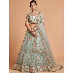 <b>Green</b> Embroidered <b>Net</b> Plus Size Wedding Lehenga Choli for Women - Product Image 1
